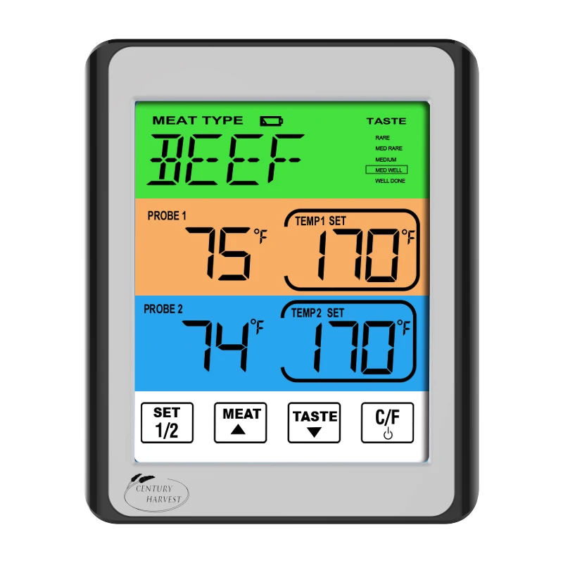 CH-212 New Develop Design Three-color and Large Touch Screen Digital BBQ Meat Dual Probe Thermometer For Kitchen