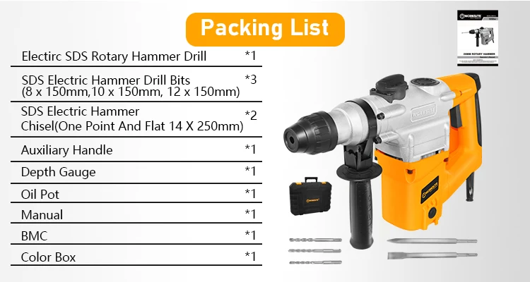 WORKSITE Customized industrial grade 900R/MIN 26mm Rotary Hammer 1050W Electric Heavy Duty Concrete SDS Rotary Hammer Drill