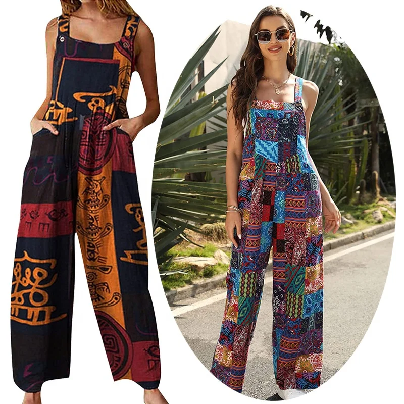 Tie Dye Harem Jumpsuits Bohemian Patchwork Overalls Ethnic Print Bib Trousers Suspender Romper Boho Clothes Baggy Pants