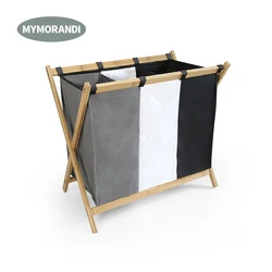 Wholesale 3 Section Foldable Bamboo Laundry Basket Sorter Laundry Hamper Dirty Clothes Bag for Big Toys