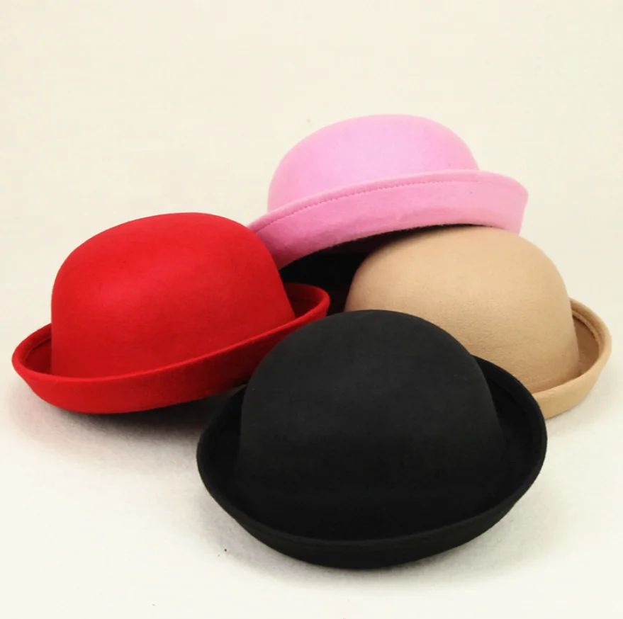 New Classic Wool Bowler Hats Derby Fedora Bucket Caps Kids Roll-up Brim Round Hats Winter Warm Felt Fedora Hats for Unisex