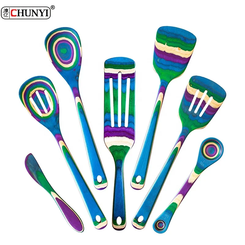 Premium Pakka wood 7pcs Cooking tools Spatula Slotted and Solid Turner Spoon Wooden Small ladle Kitchen Utensils Set