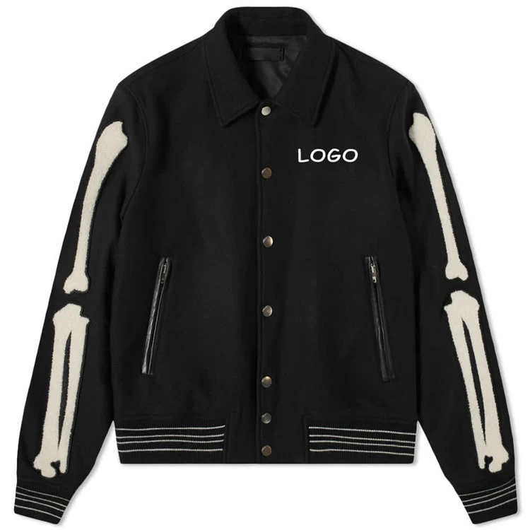 Custom 75% Wool embroidery bones logo leather pocket letterman varsity jacket for men