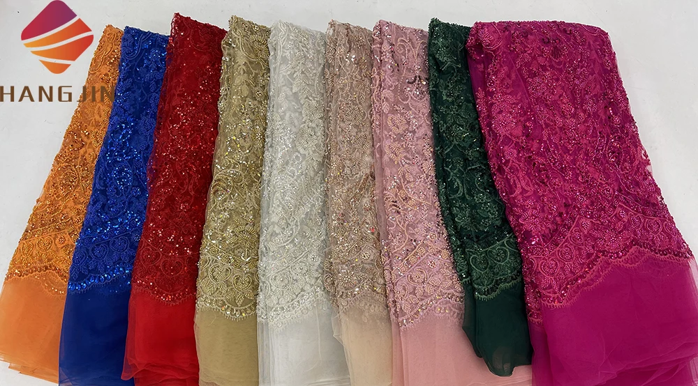 Luxury Sequins Tulle Net Lace Fabric Nigerian Beads Pearl Embroidery Hand Beaded Lace For Party