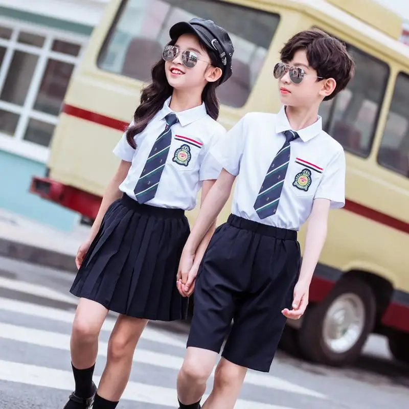 Custom navy pleat girls school uniform skirt and white shirt spring primary school student uniform kids