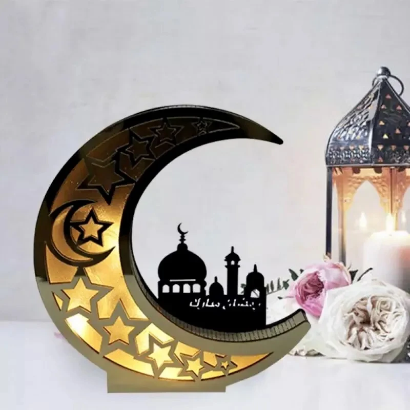 Wholesale Custom Acrylic and Wood LED Crescent Moon Design Gold Ramanda Table Decoration