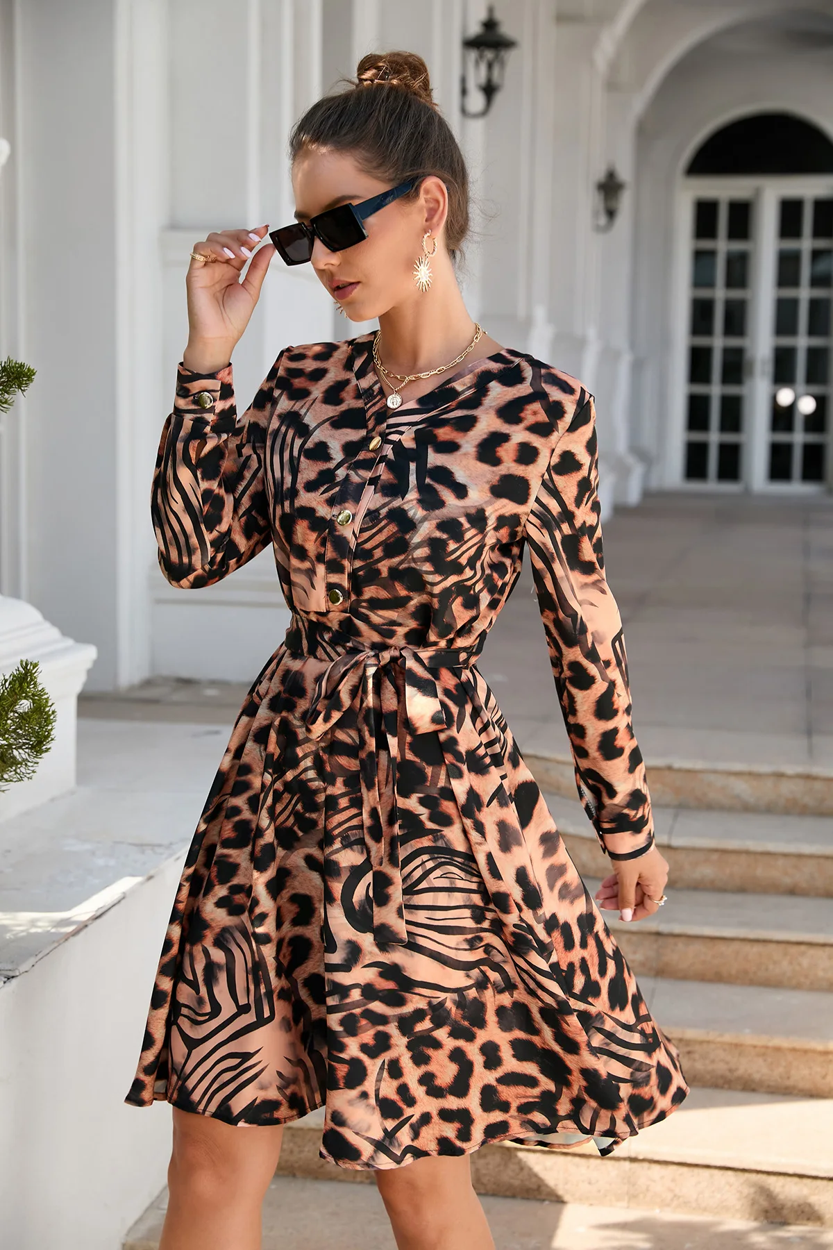 European Station Summer Printed Long Sleeve Swing Dress