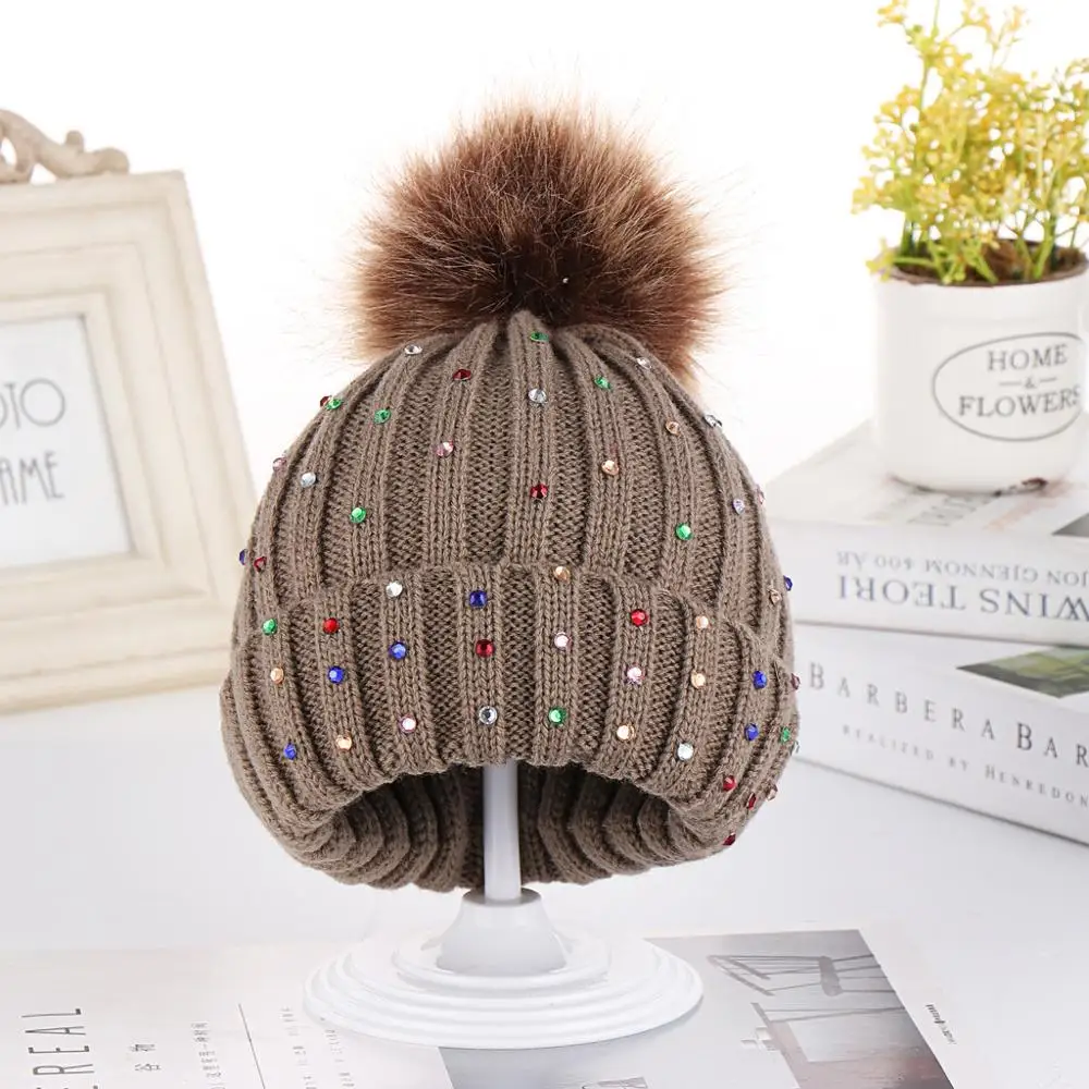 Europe autumn and winter color diamond wool knit children hat earmuffs cap wholesale cute warm color rhinestone kids knit hats