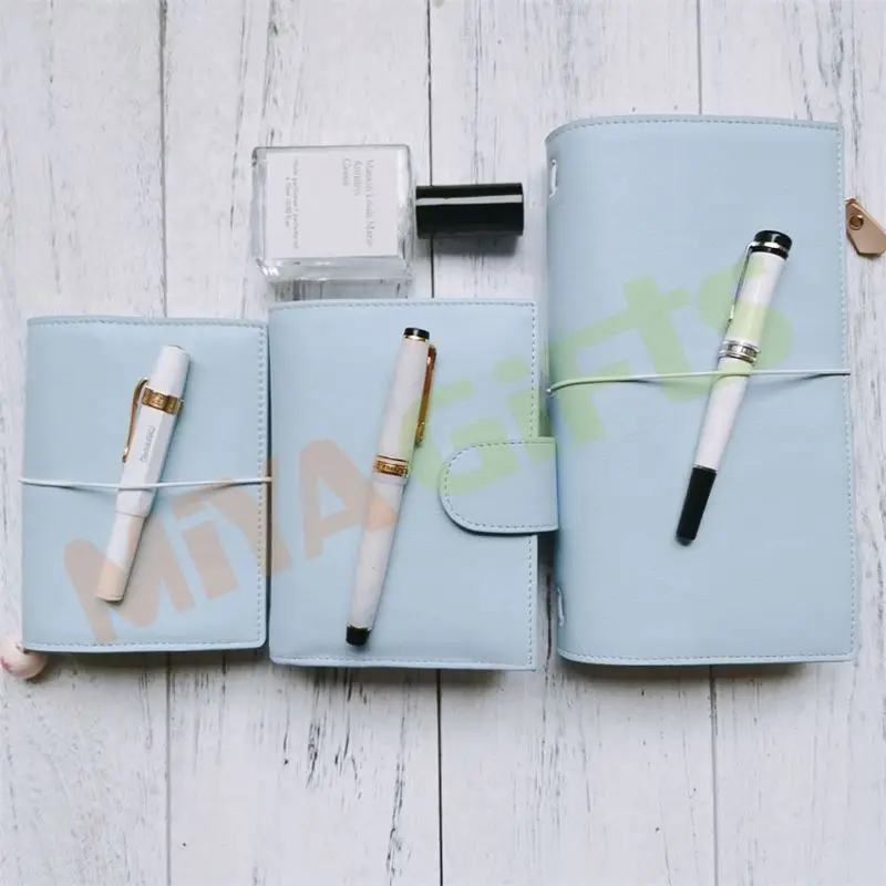 custom pu faux leather TN traveler notebook cover baby blue lichi pebble passport A6 standard with pocket for girl women