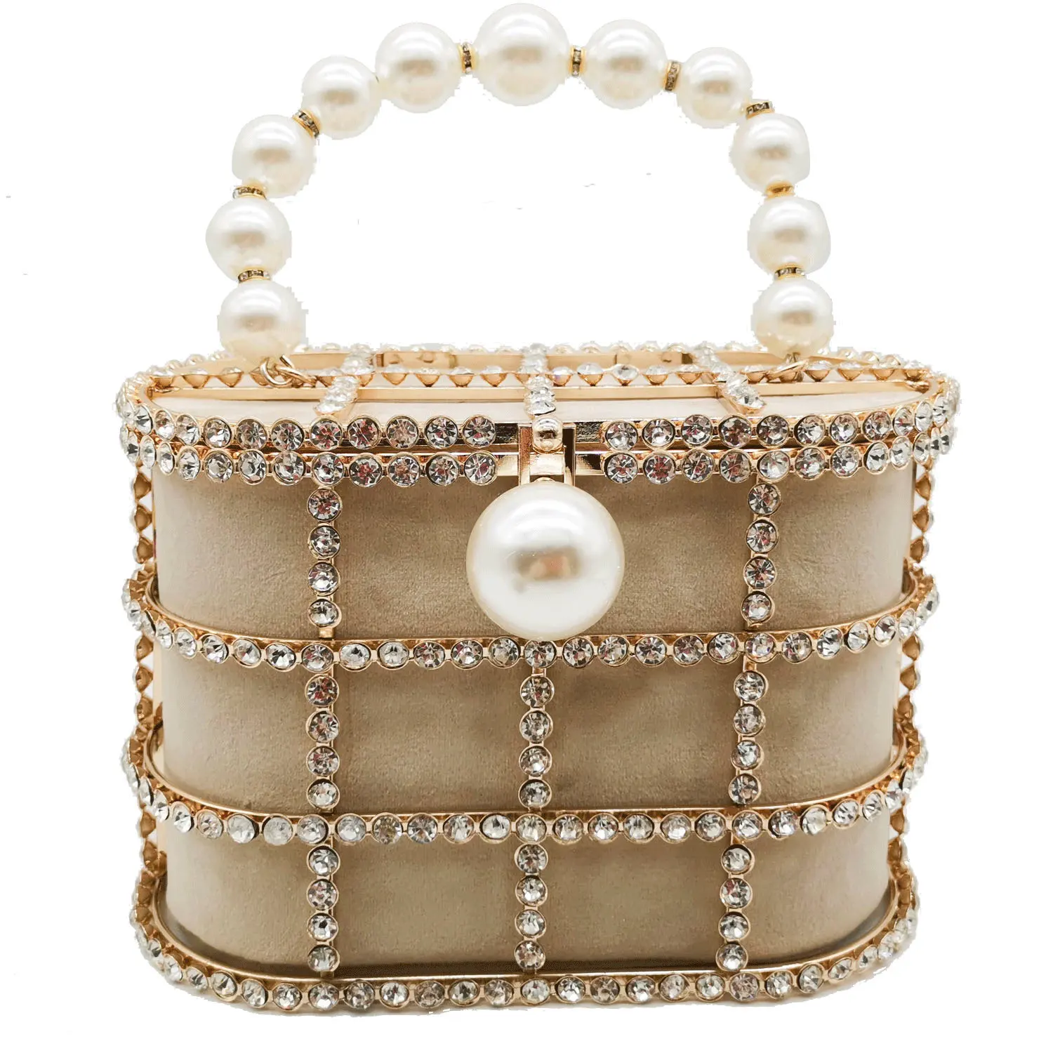 
Luxury Classy Metal Bucket Frame Rhinestone Clutch Bag Evening Hand Bag With Peal Beaded Strap 