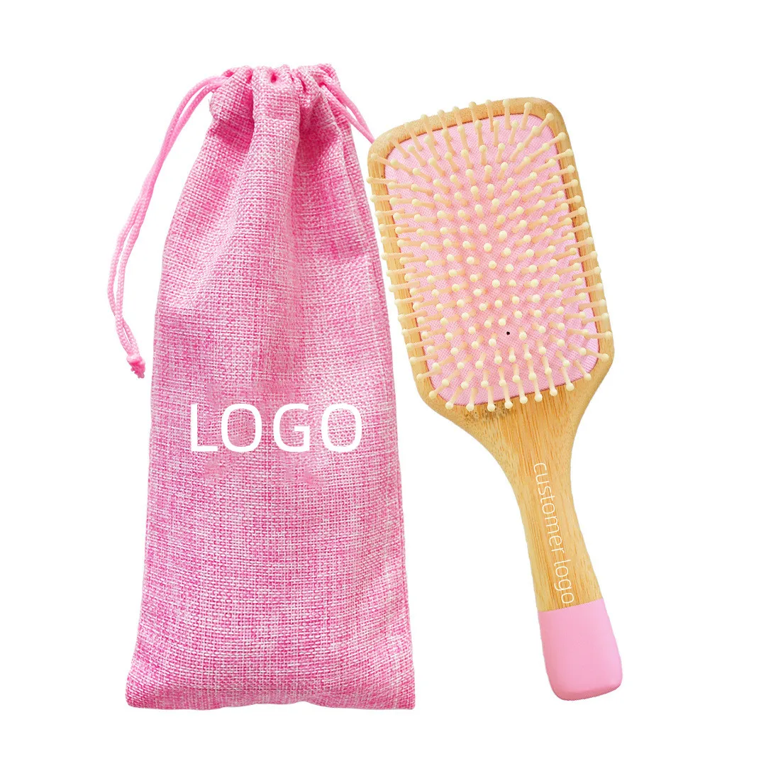 High Quality Pink Color Bamboo Wood Comb Paddle Air Cushion Supplies Detangling Hairbrushes with LOGO