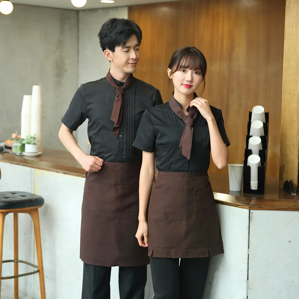 
Waiter short sleeve shirt set Restaurant hotel staff uniform leader towel Pure color cleaner uniform 