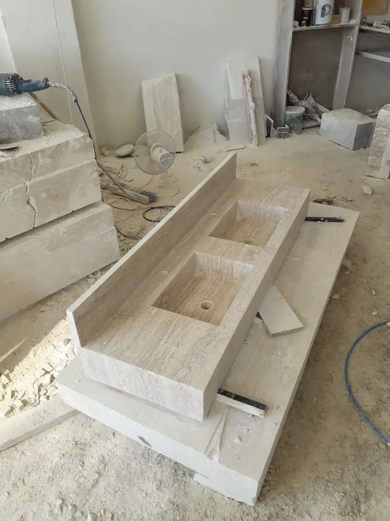 Stone Vanity Top Travertine Double Sink Bathroom Vanity Top Modern Natural TR Marble Beige 3D Model Design Bathroom Decor,villa