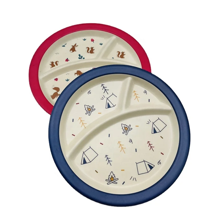 Plant based pla bamboo fiber plate set kids divided plate custom print eco friendly biodegradable bamboo plant fibre dishes