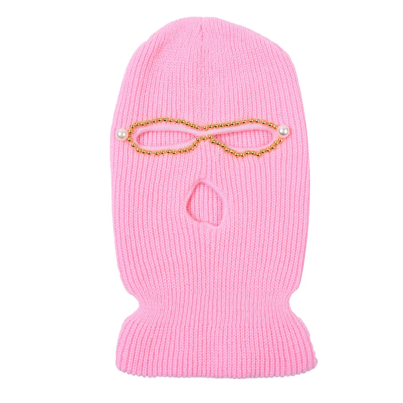 Wholesale Girly skimask beanie multicolor crocheted ribbed neck Nail drill pearls logo neon balaclava 3 hole pink ski masks