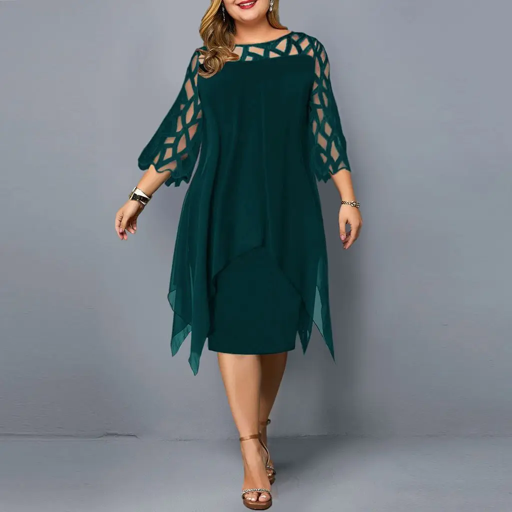 Wholesale European American Seven-Point Sleeve Irregular Hem Chiffon Dress with Lace Stitching Available on