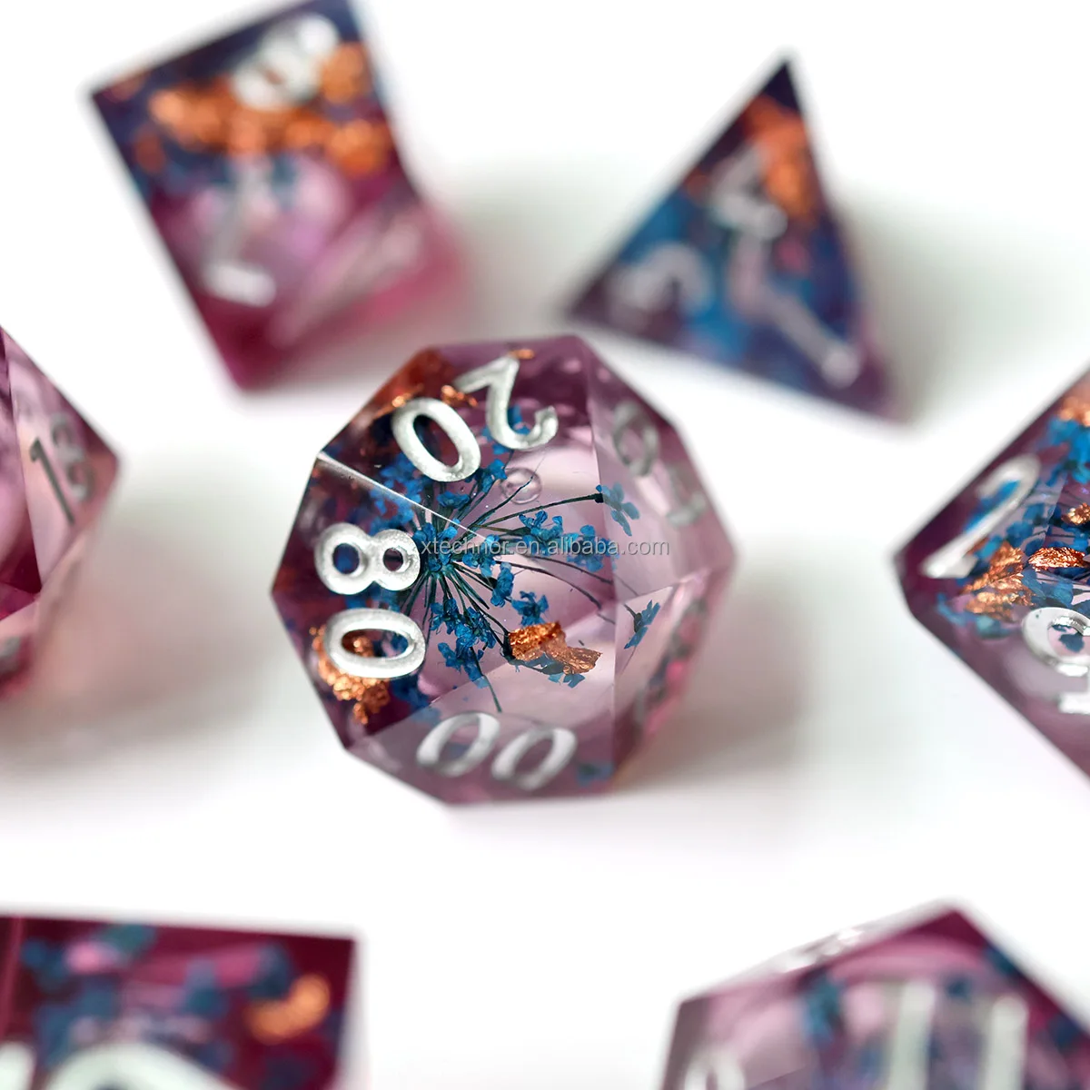 Custom Polyhedral Handmade Sharp Edge Resin 7pcs Dice Set D&D Dungeons Dragons RPG Table Game -Flower Liquid Core Dices