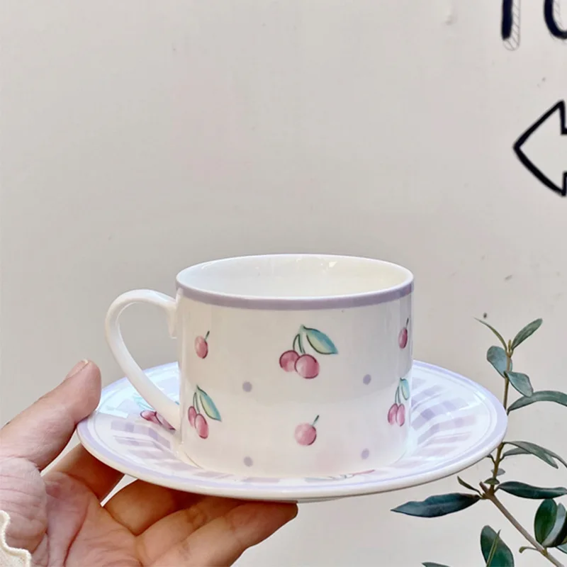 Korean 250ml Retro Ins Checkerboard Porcelain Tea Cup with Saucer Set Cappuccino Ceramic Coffee Cups Plates