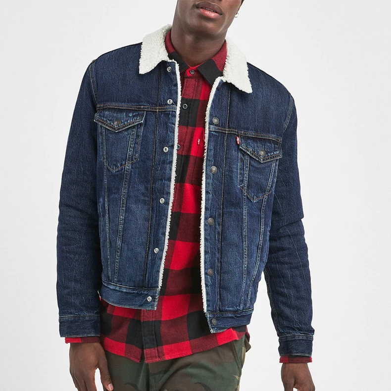 Custom Mens Stocklot Colored Denim Sherpa Jackets for Trucker