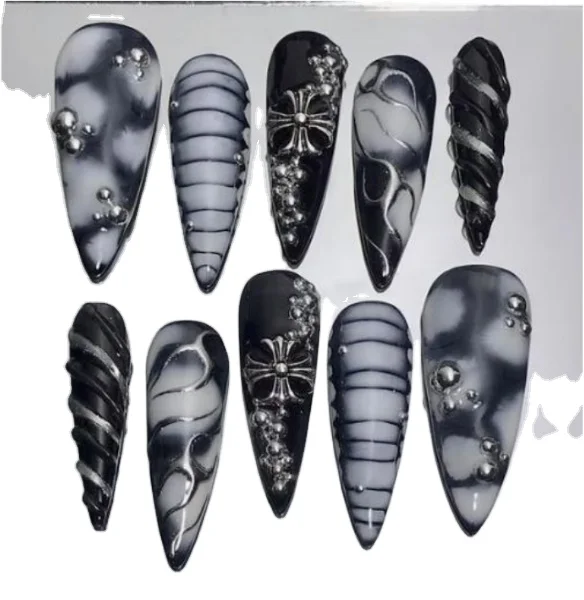 Halloween Exyra Long Sharp Almond Faux Nails HandMade Black All Kinds Pattern False Nails Wholesale Private Label Press On Nails