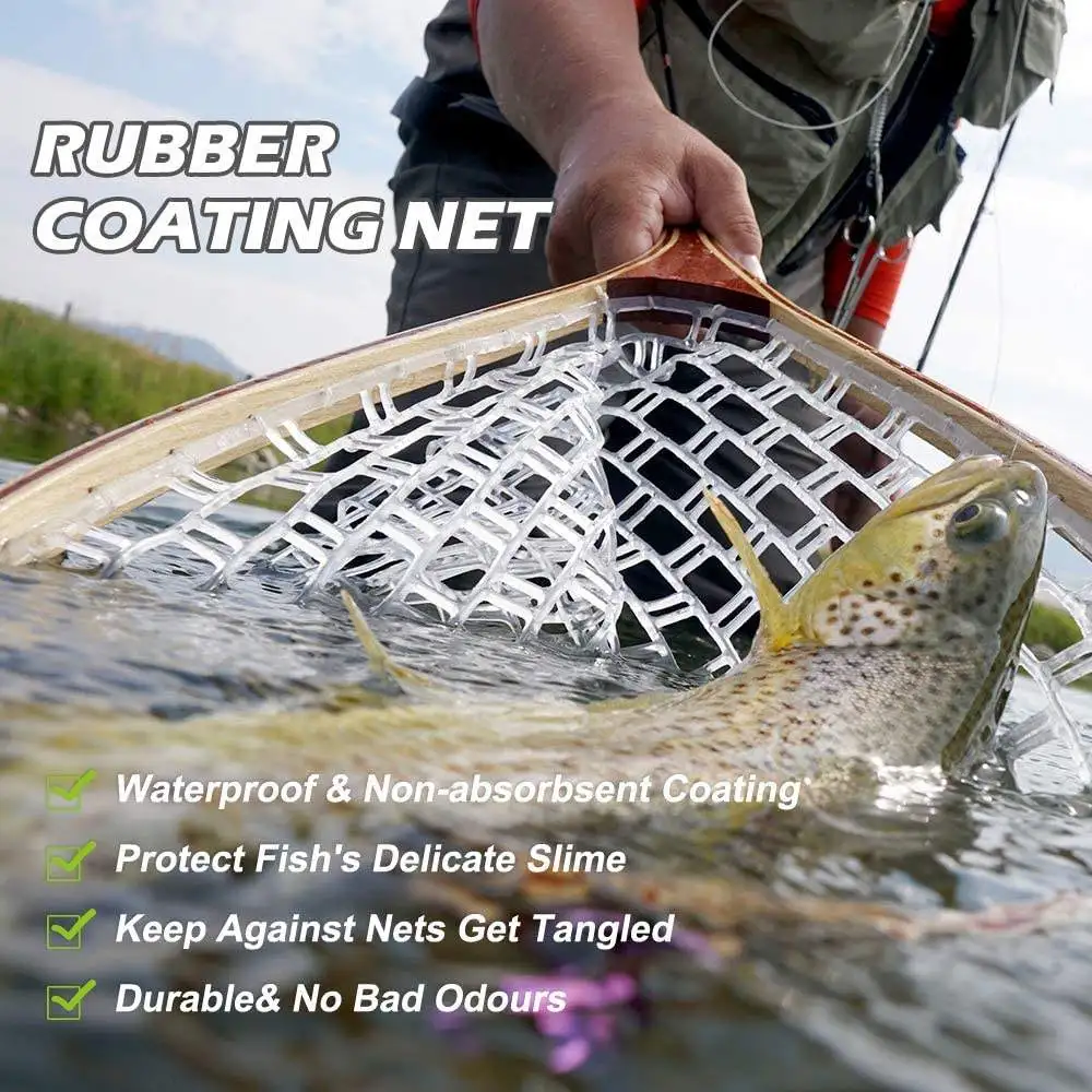 Wooden Handle Waterproof Frame Curve Rubber Mesh Fly Carp Fishing Landing Net