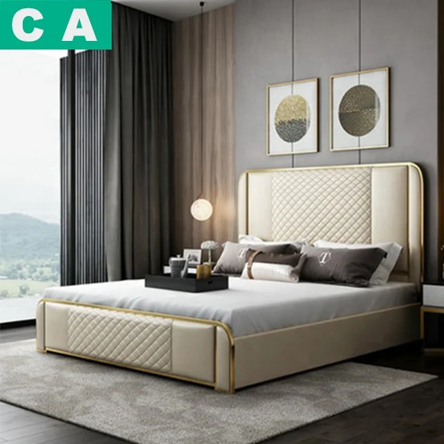 Cheap Nordic minimalist leather bed home furniture high headboard bed 5 star hotel bed linen solid wood frame