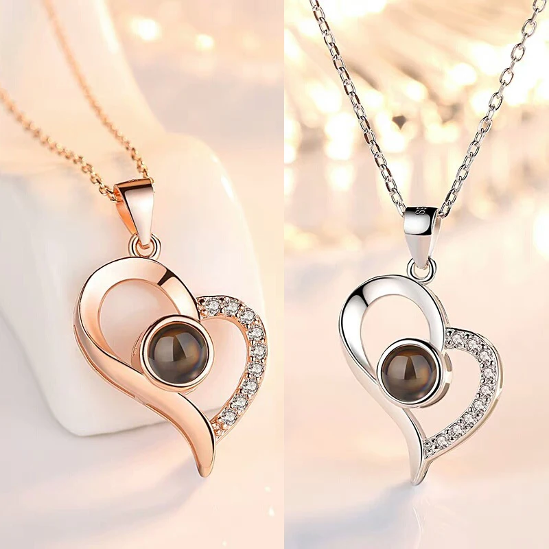 100 language i love you Projection Heart Necklace 2019 Romantic Lover Memory Wedding Necklace Fashion Jewelry