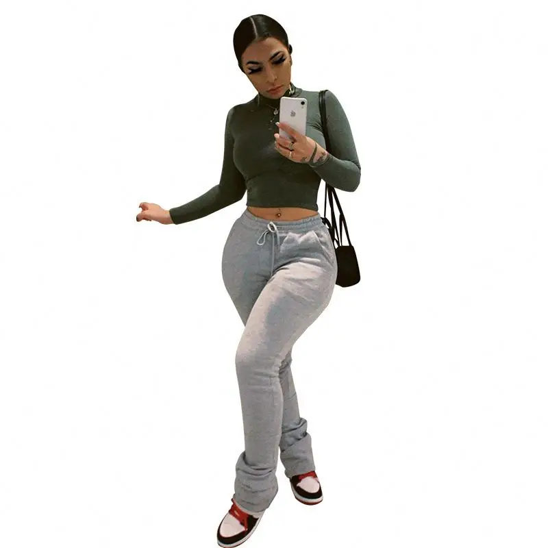 
huasong Stacked Pants With Solid Color Women Stacked Bottom Ladies Solid Color Stacked Leggings Women Sweatpants With Drawstring 