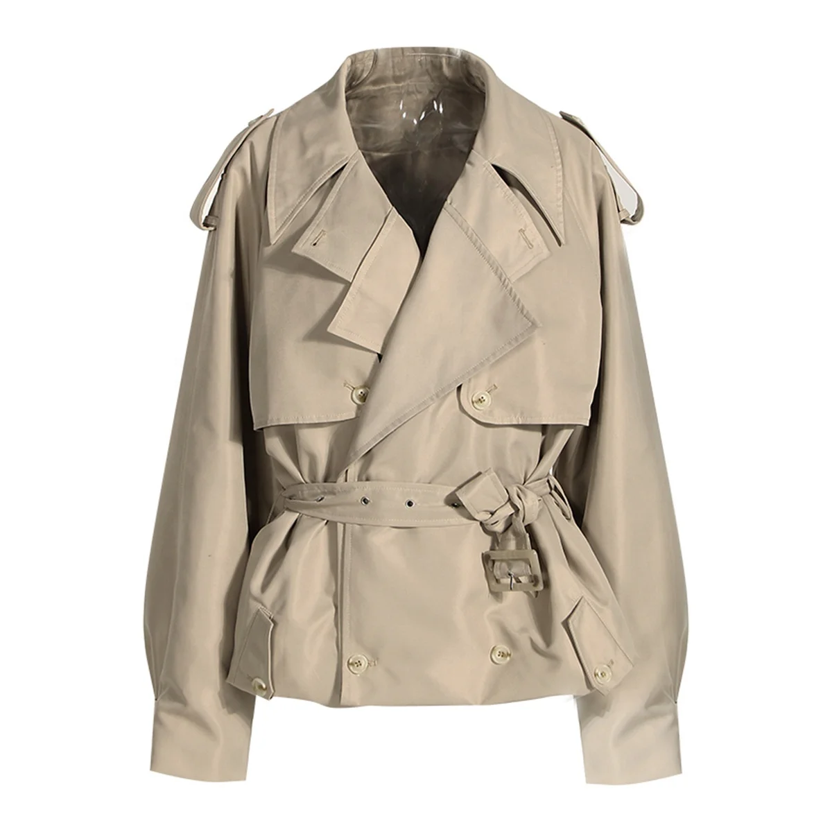 OUDINA 2023 French Cropped Trench Coat Women Cargo Oversized Double Breasted Waisted Windbreaker Jacket