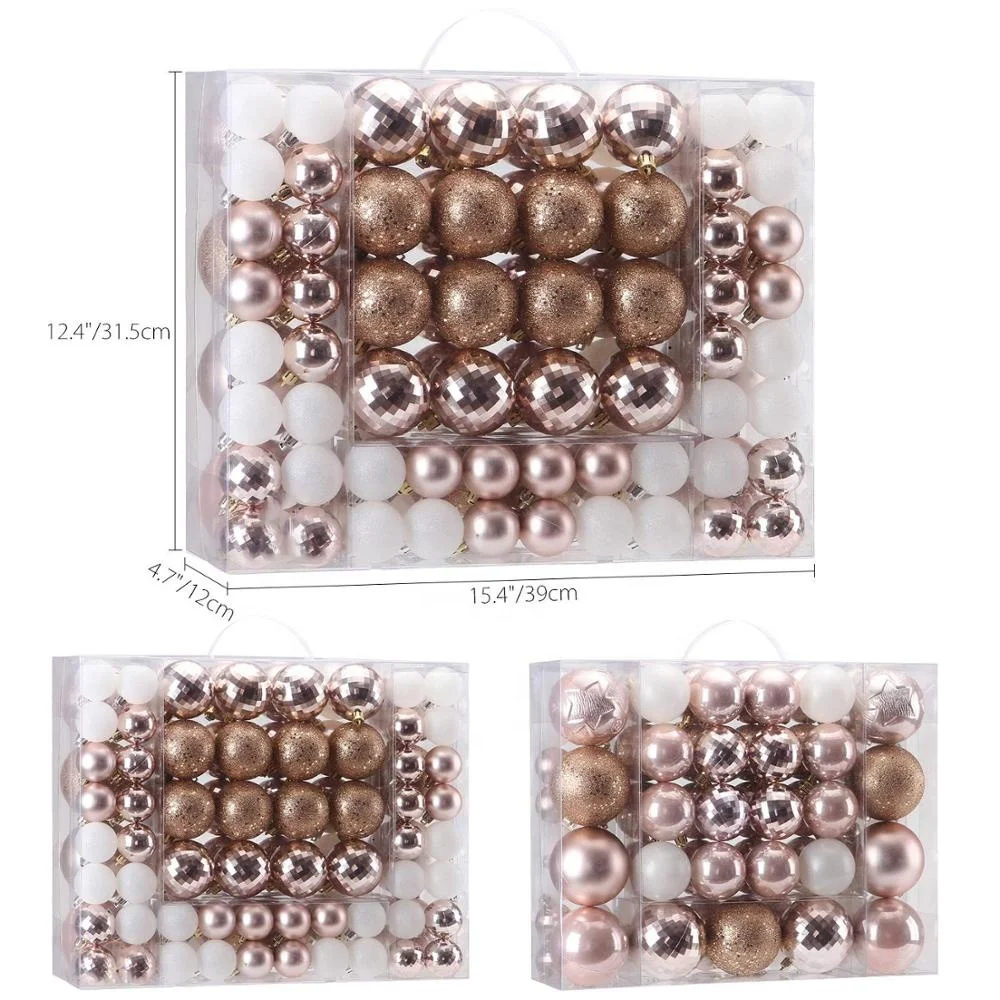 Personalized Christmas Tree Decoration Hanging Bauble Set 87ct Assorted Shatterproof Plastic Rose Gold Christmas Ball Ornaments