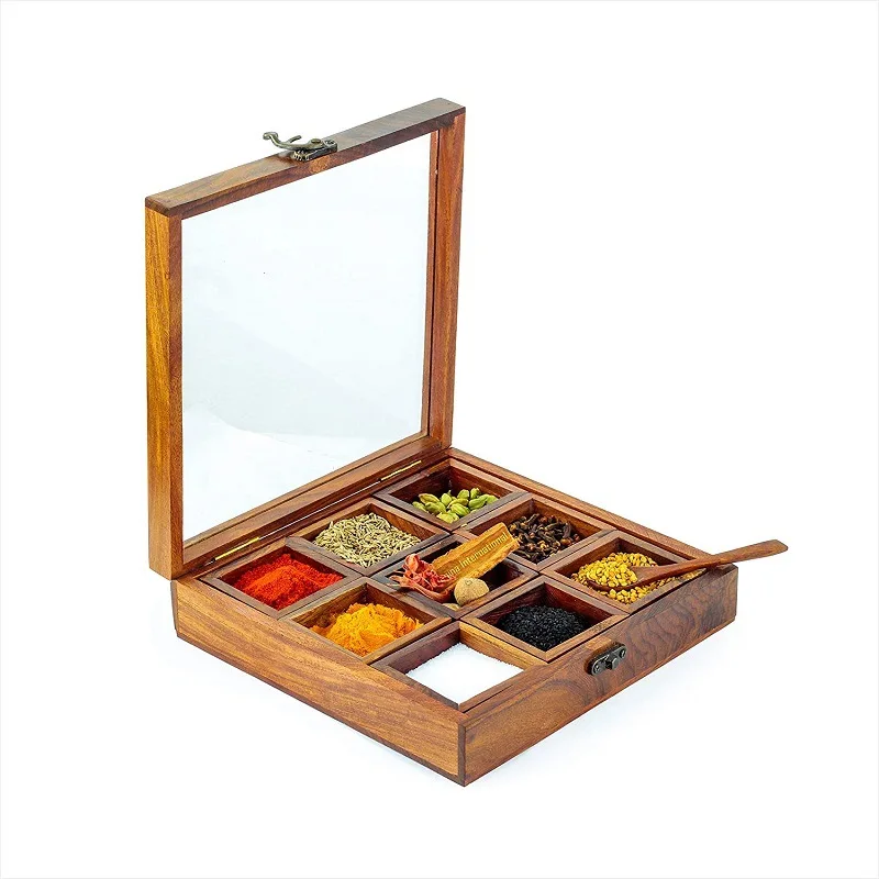 Masala box dabbalock wooden spice rack containerutility box hand crafted square spice box