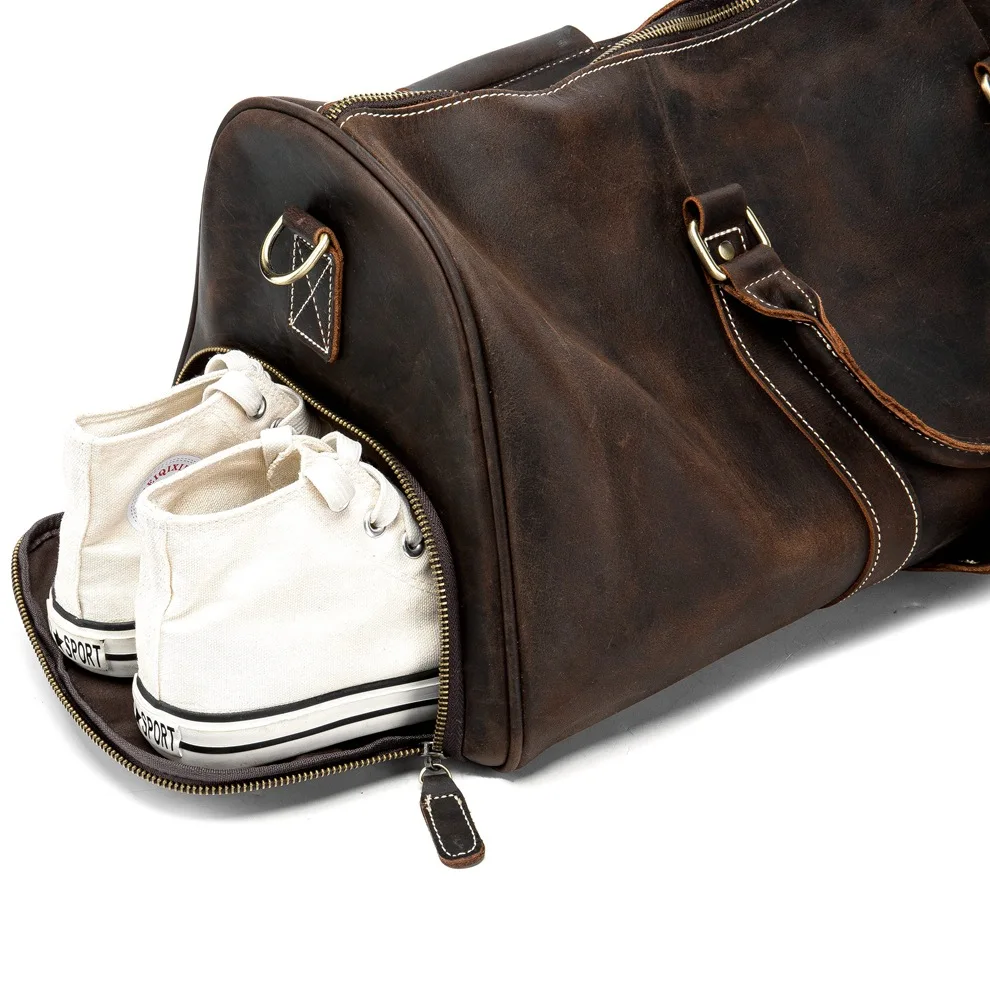 Vintage Crazy Horse Genuine Leather Travel Weekend Overnight Duffle Bag Leather Travel Duffle Bag With Shoes Compartment