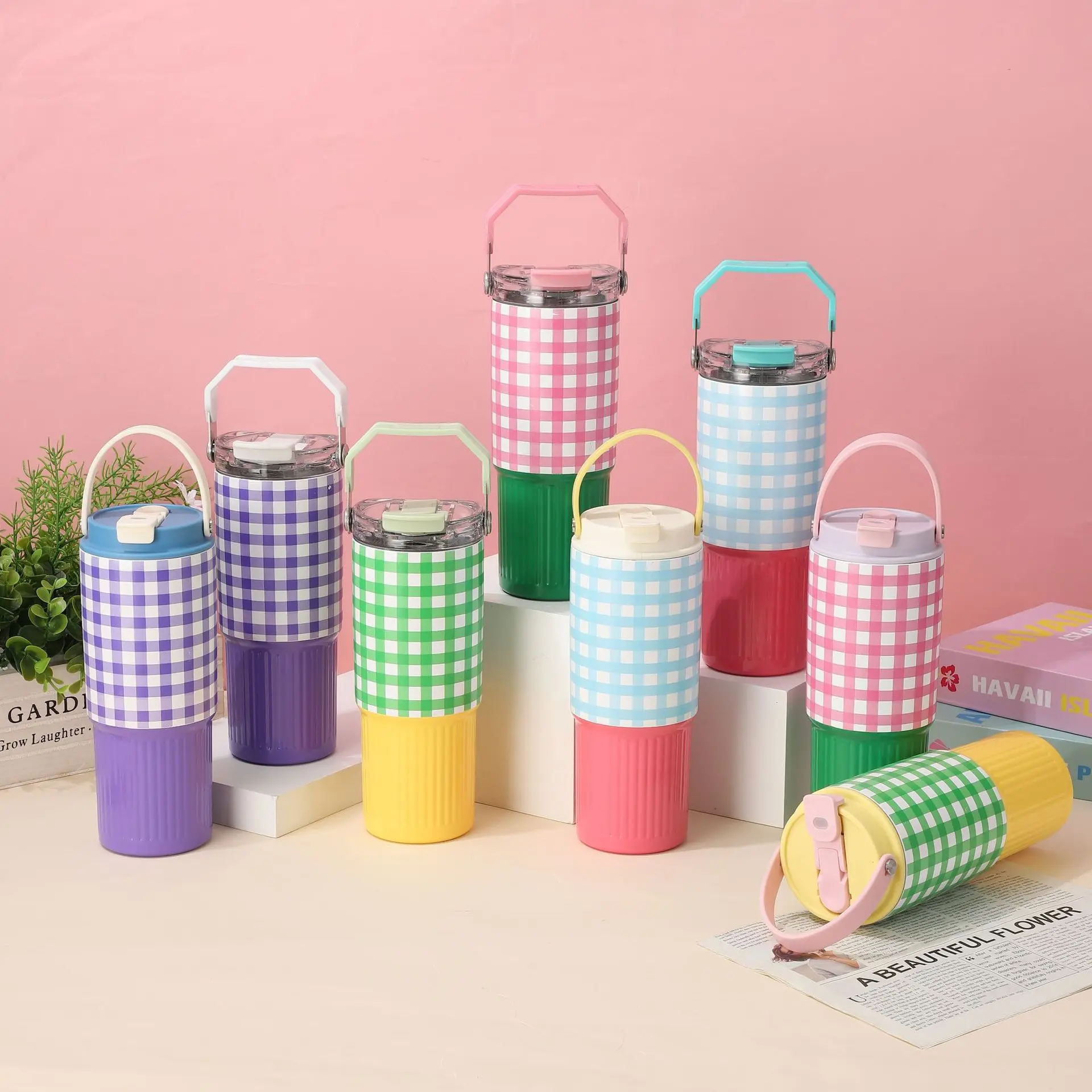 Hot Selling Plaid Design Insulated Travel Mug Portable Thermal Coffee Cup Stainless Steel 30oz Tumbler with Handle