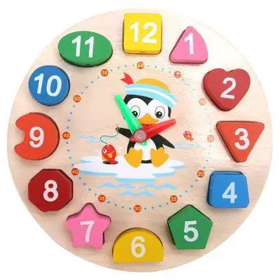 Kids Montessori Cartoon Animal Educational Wooden Beaded Geometry Digital Clock Puzzles Gadgets Matching Clock Toy