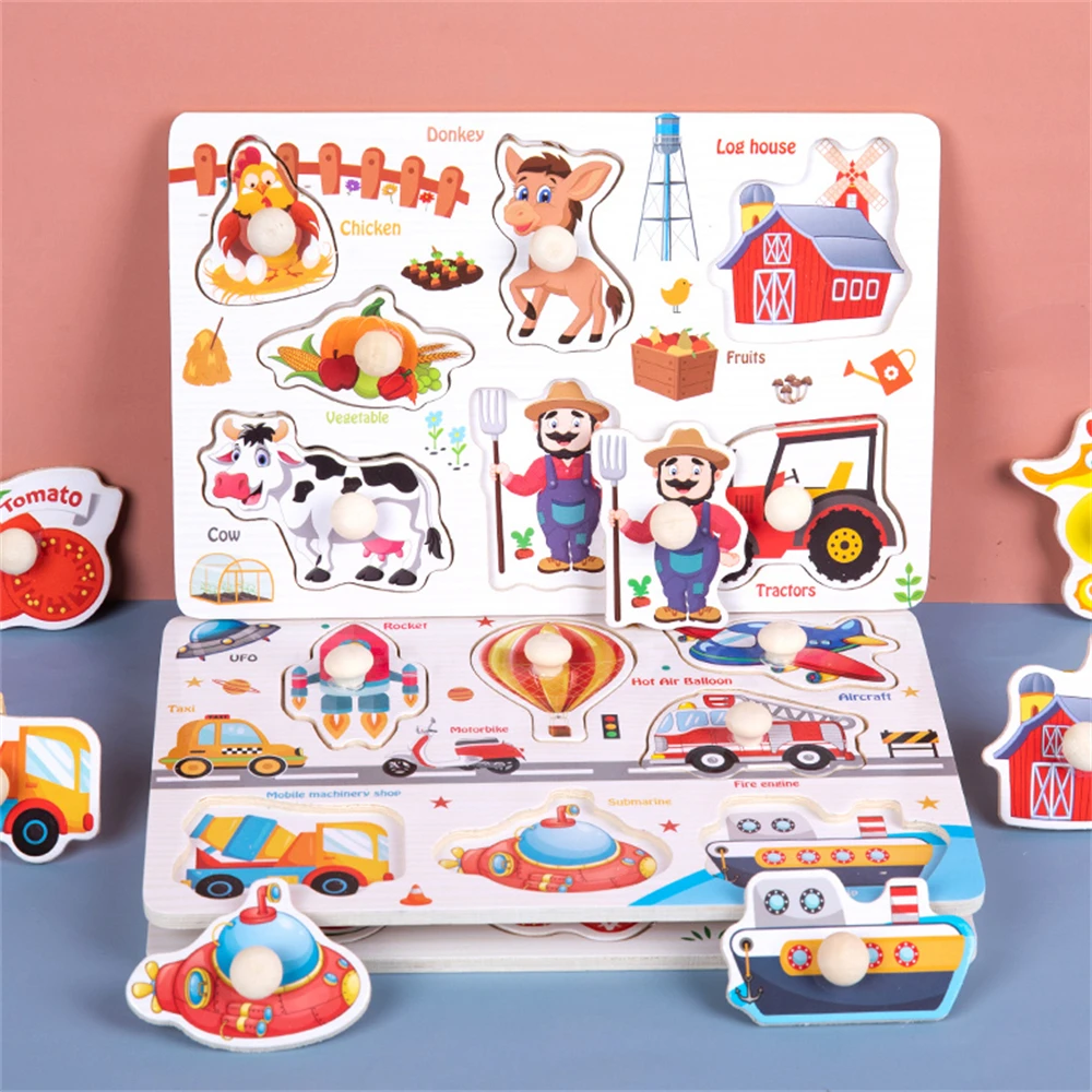 Hot Sale Montessori Educational Children Cartoon Animal Alphabet Fruit Topic Jigsaw Board DIY Hand Grab Wooden Peg Puzzle Toys