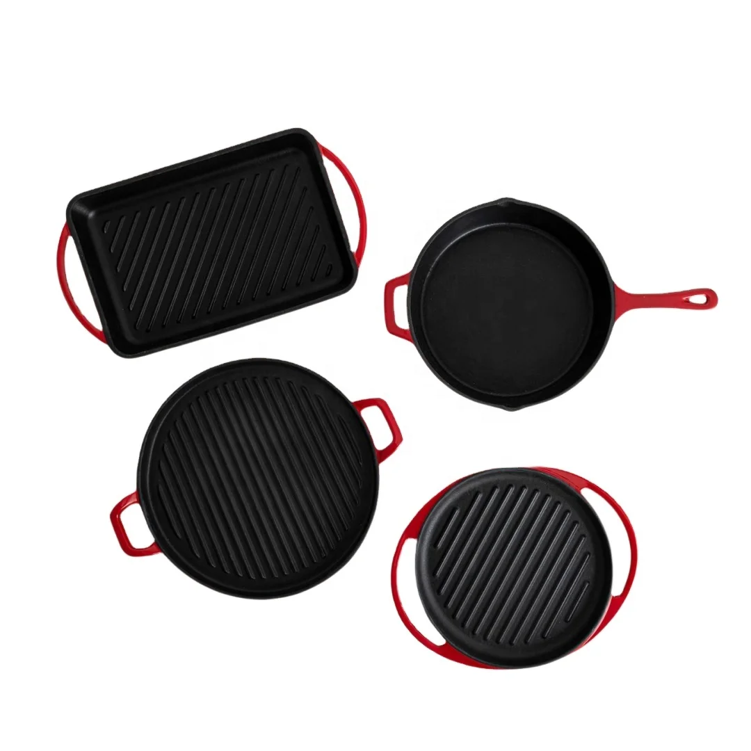 non stick custom enameled cast iron bbq stove top round griddle plate grill pan with two handles