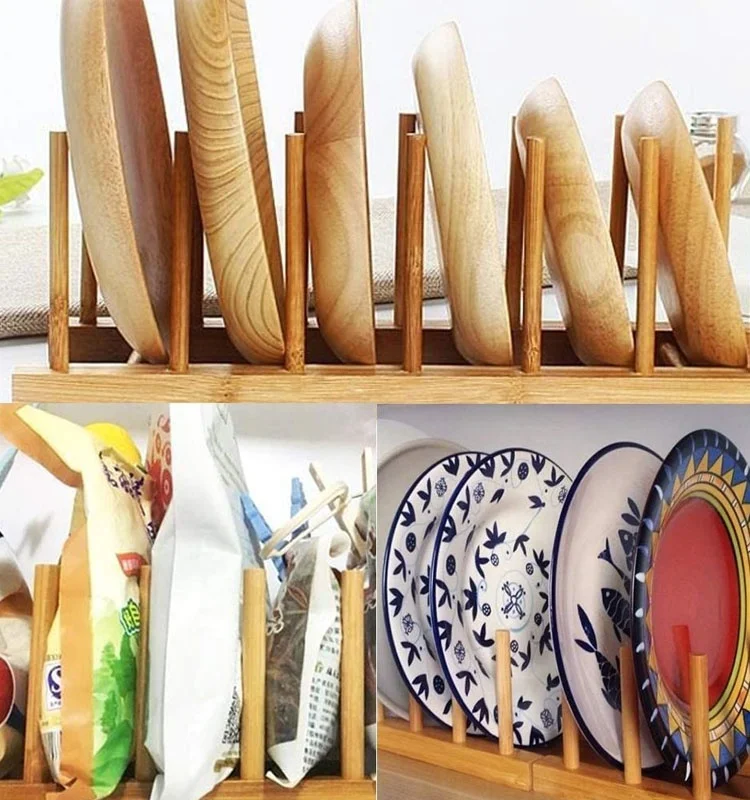 Kitchen 8-Slots Bamboo Wooden Dish Rack Storage Organization Plate Rack Stand Pot Lid Holder