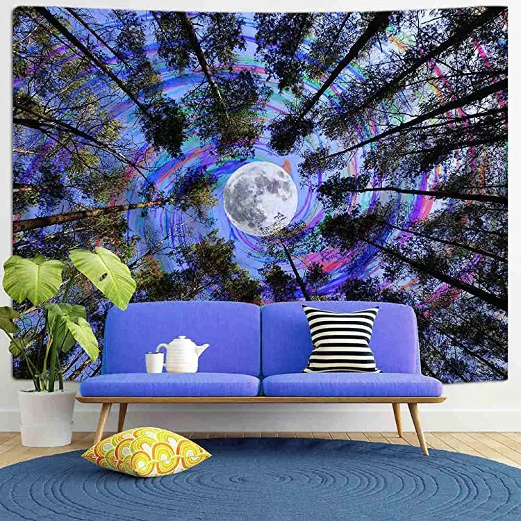 
Psychedelic Forest Tree Colorful Moon Purple Ceiling Tapestry Wall Hanging for Bedroom Living Room 