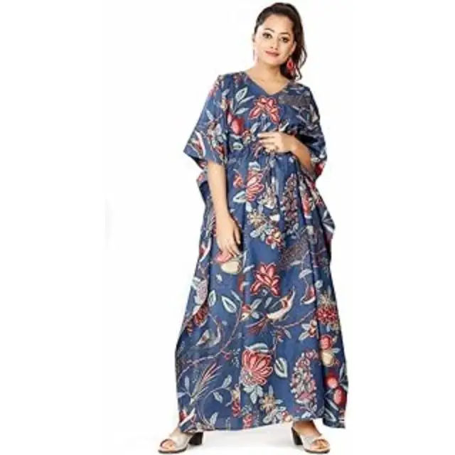 Indian Hand Block & Floral Printed Cotton Pario Free Size Tunic Gown Dress Caftan Elegant Beachwear for Women XXL Size