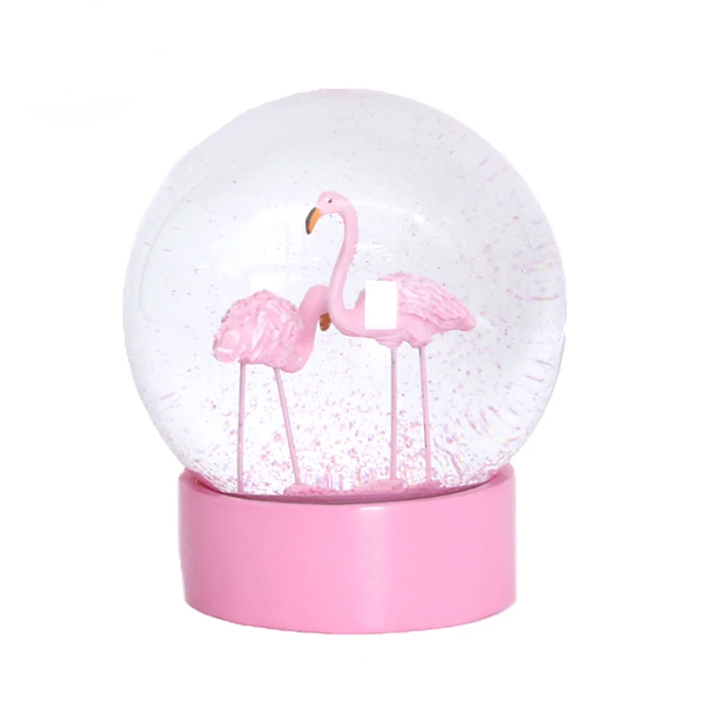 Изготовленный на заказ розовый Фламинго 3D Блестящий стеклянный снежный шар оригинальная Смола ремесла для домашнего декора