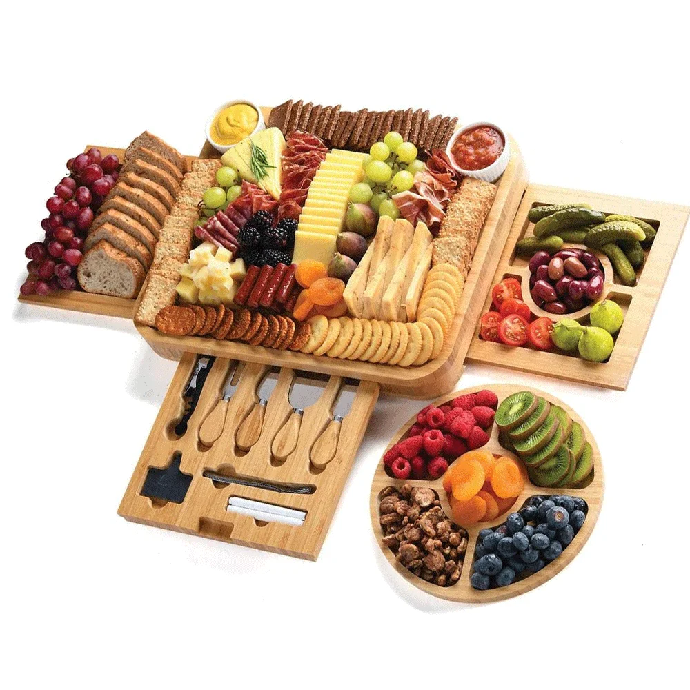 Natural Cutting Knives Set With Serving Trayoo C Bambheese Board Bamboo Cheese Board with Cheese Tools Serving Tray