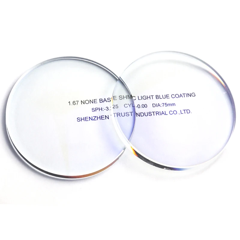 Stock Optical Lens 167 High Index None Base Color SHMC Light Blue Coating Blue Cut Lens Eyeglasses Lenses