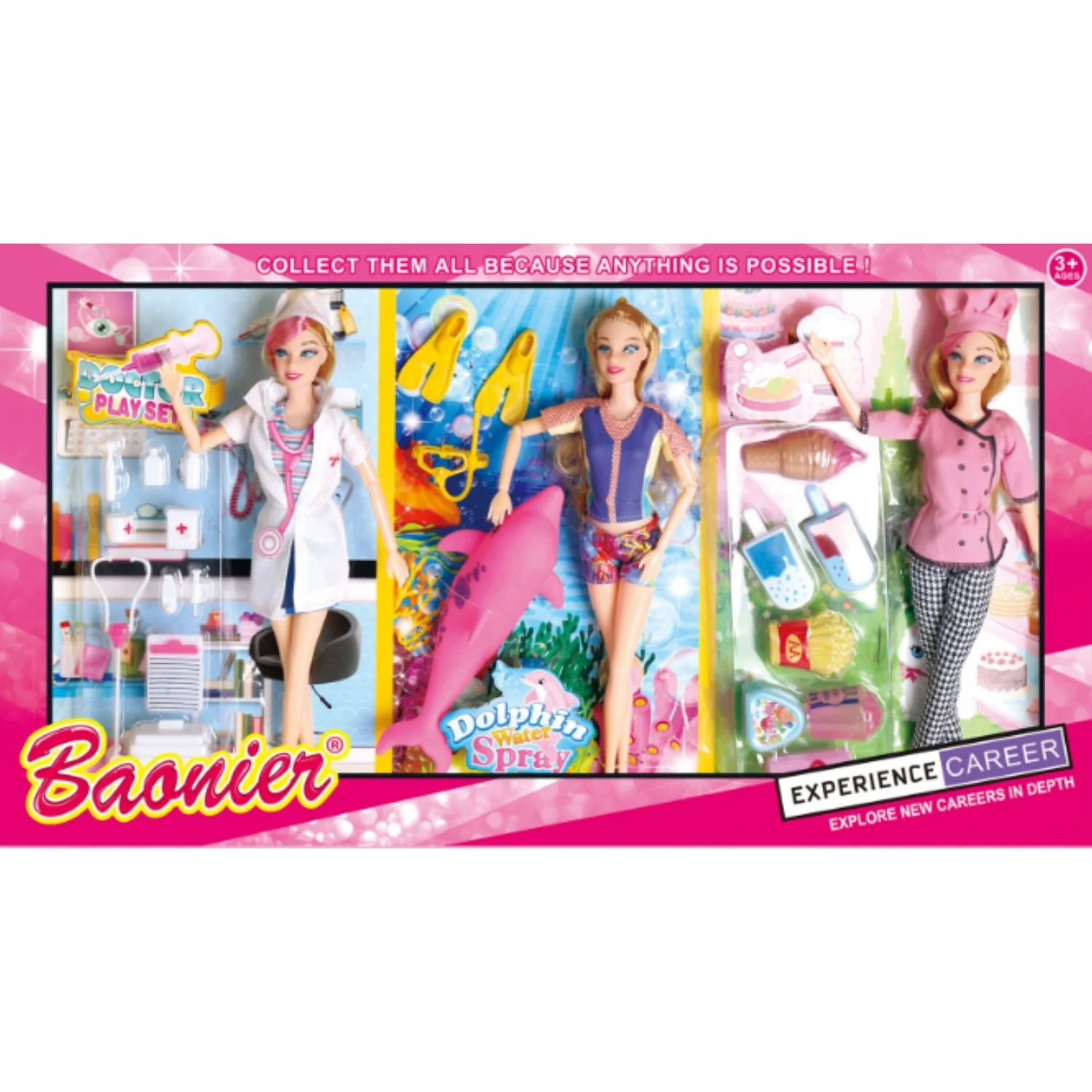 3 in 1 Theme Pretend Play Toy Set Dolls Role Doctor Dophin Feeder Cook Cheif Fashion Girl Toys with Accessories