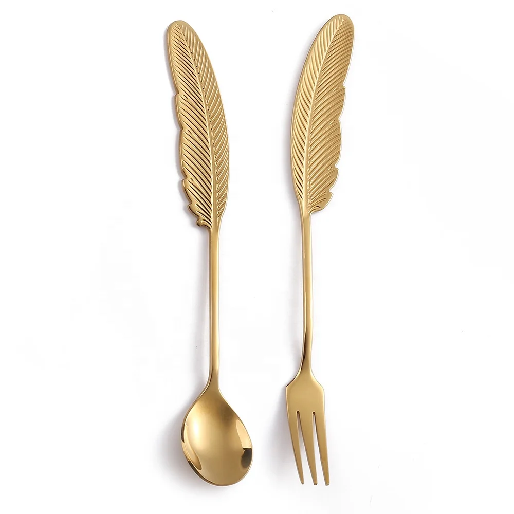 Stainless steel feather coffee spoons metal golden embossed tea spoons stylish black fork spoons set