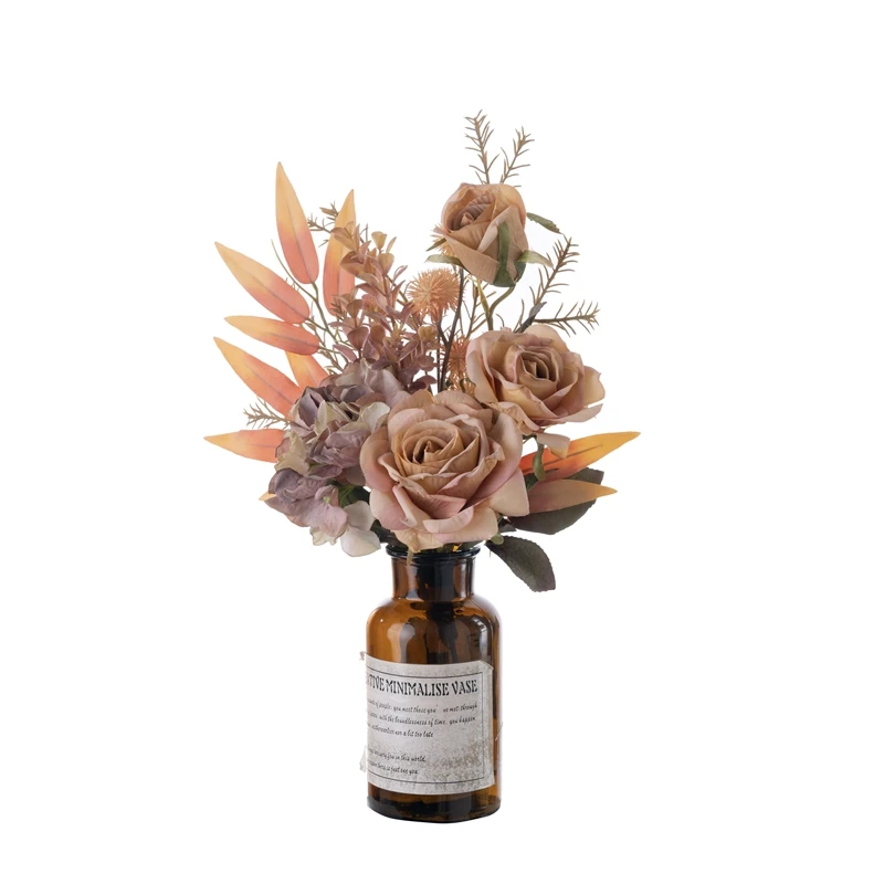 CF01401 Hot Sale Artificial Silk Rose Fabric Hydrangea Bamboo Leaves Bundle With Plastic Dandelion Eucalyptus For Wedding Deco