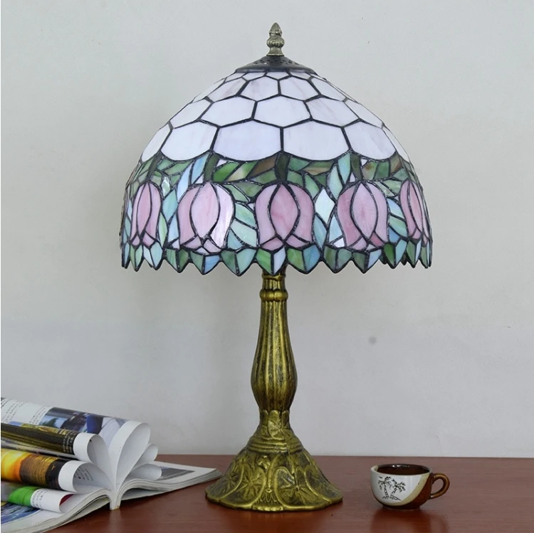Tiffany Lamp W20H18 Inch Red Yellow Rose Floral Style Stained Glass Antique Table Lamp