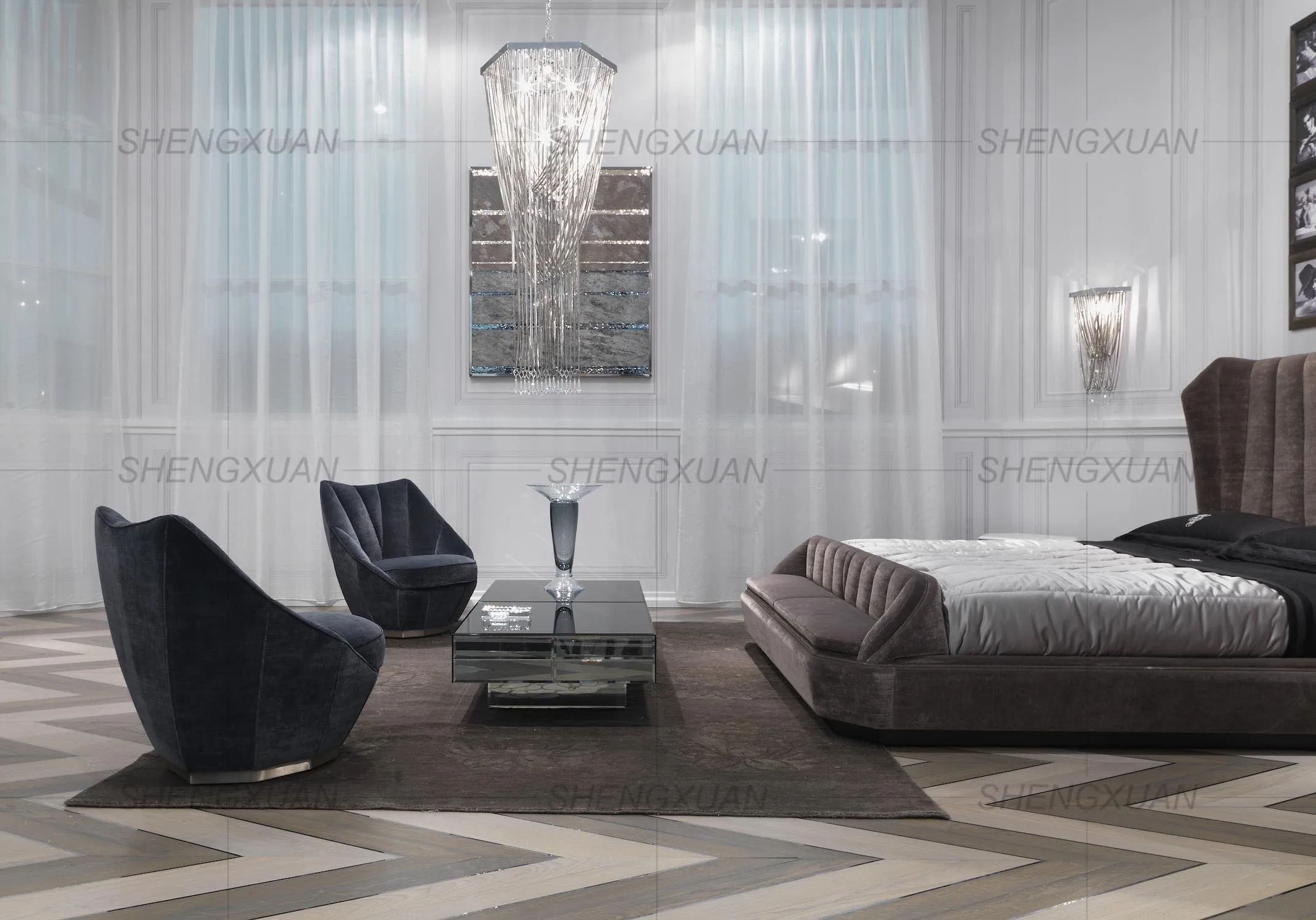 Master Bedroom Bed Room Set Queen Size Bedroom Furniture Modern Bed Design Upholstery Velvet Fabric Bed Frame