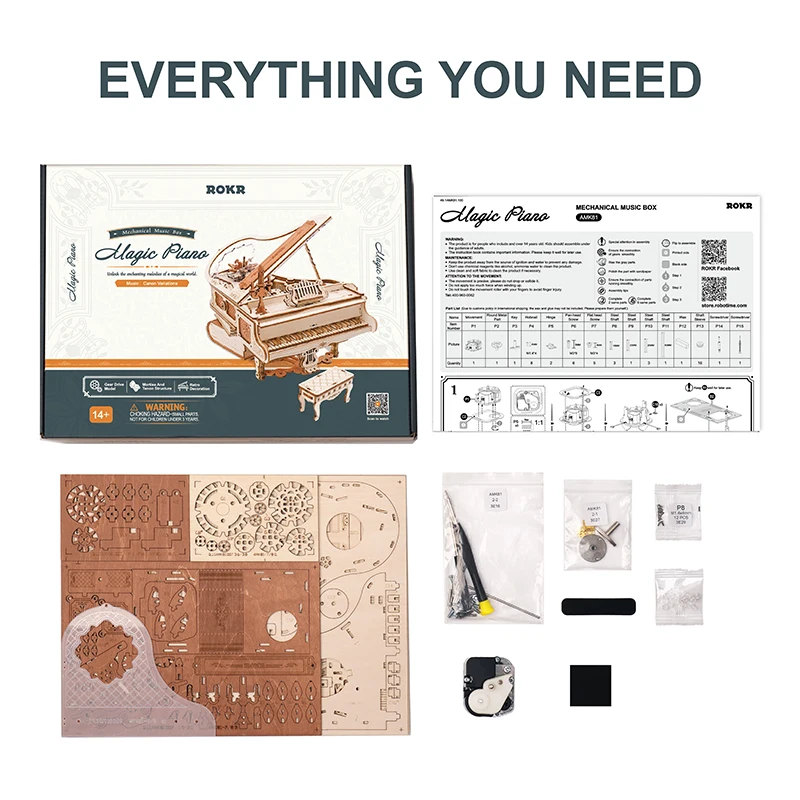 Robotime Rokr Wooden Toys Mechanical Music Box AMK81 Magic Piano Model Kit 3D Puzzles For Adults