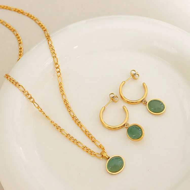 Custom Wholesale Waterproof Women 18K Gold Plated Stainless Steel Luxury Jade Jewelry Set Link Chain Necklace Cuff Earrings