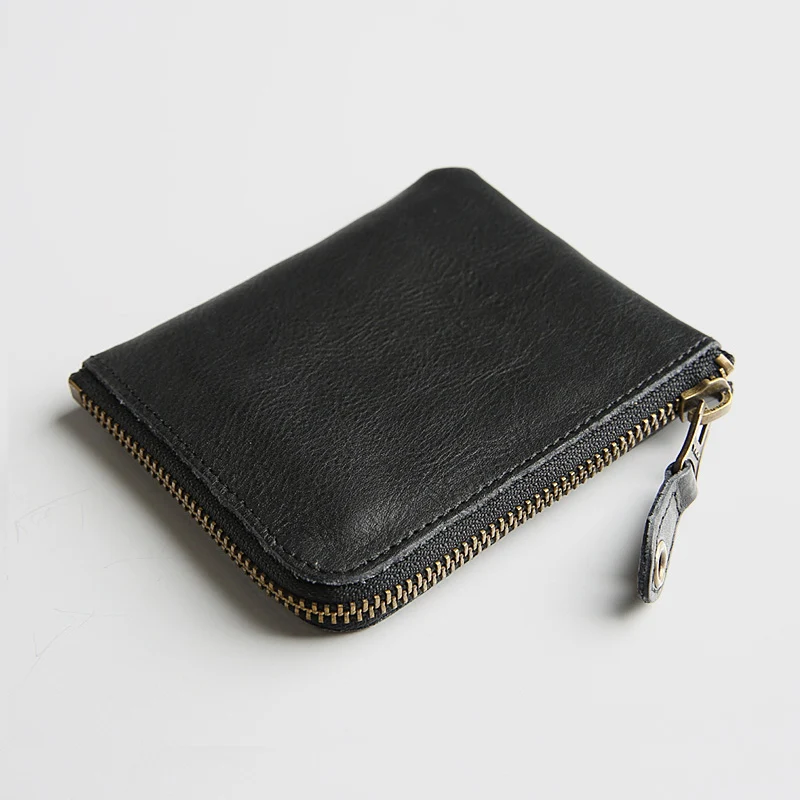 Vintage Handmade Genuine Leather Simple Cards Organize Wallet Small Coin Pouch Zipper Hand Purse